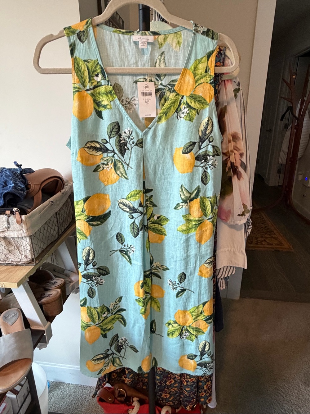 NWT J. Jill Sleeveless Lemon Print Shift Dress - Light Blue MP